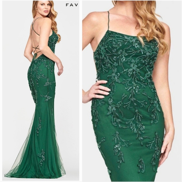 NWT Faviana S10634 Hunter‎ Green Beaded Open Back Sexy Mermaid Formal Prom Dress - Picture 1 of 16